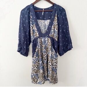 Free people Talulla Floral Boho Printed Mini Dress Blue Size XS Deep V-neck